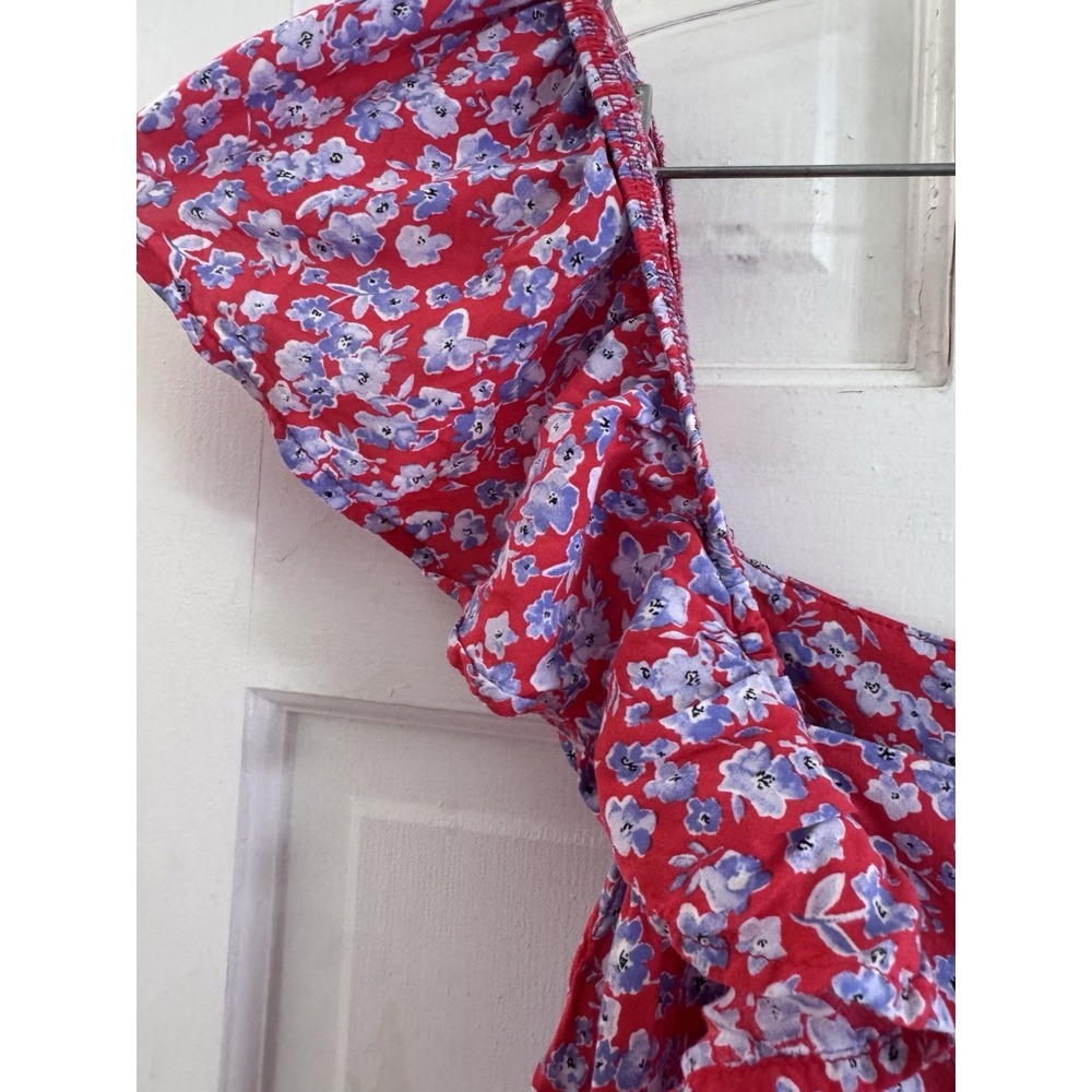 Zara Floral Ruffle Sleeve Maxi Dress Red Blue Smocked Back Size M - Picture 7 of 10
